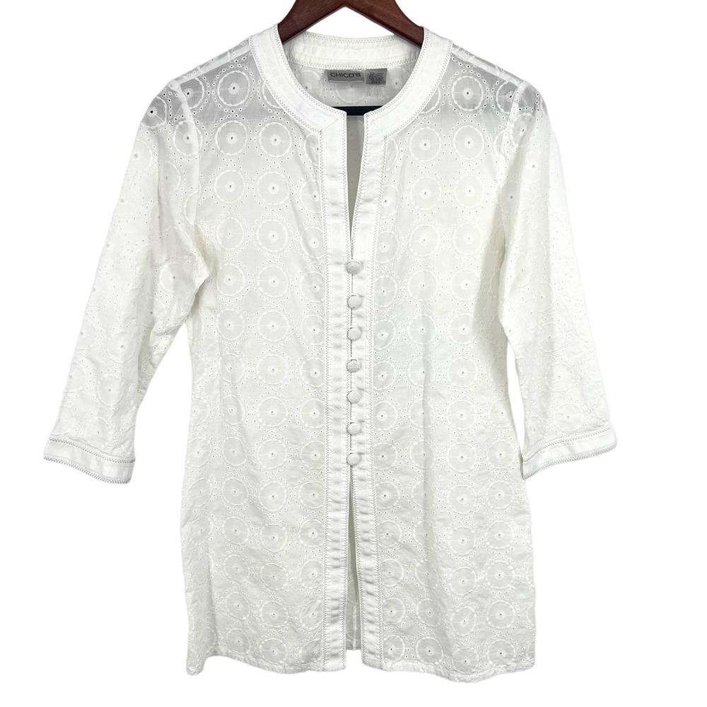 Chico's Womens Size 0 or Small 4/6 White Lace Blouse Shirt Top Summer Casual